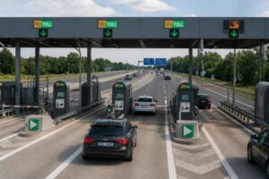 Samochody przejeżdżające przez bramki ViaTOLL na autostradzie、】【