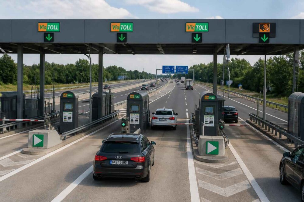 Samochody przejeżdżające przez bramki ViaTOLL na autostradzie、】【
