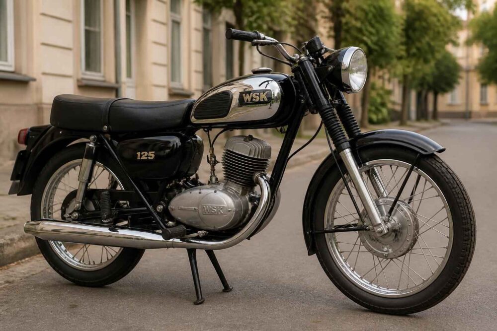 Czarny klasyczny motocykl YSR 125 zaparkowany przy kamienicy miejskiej