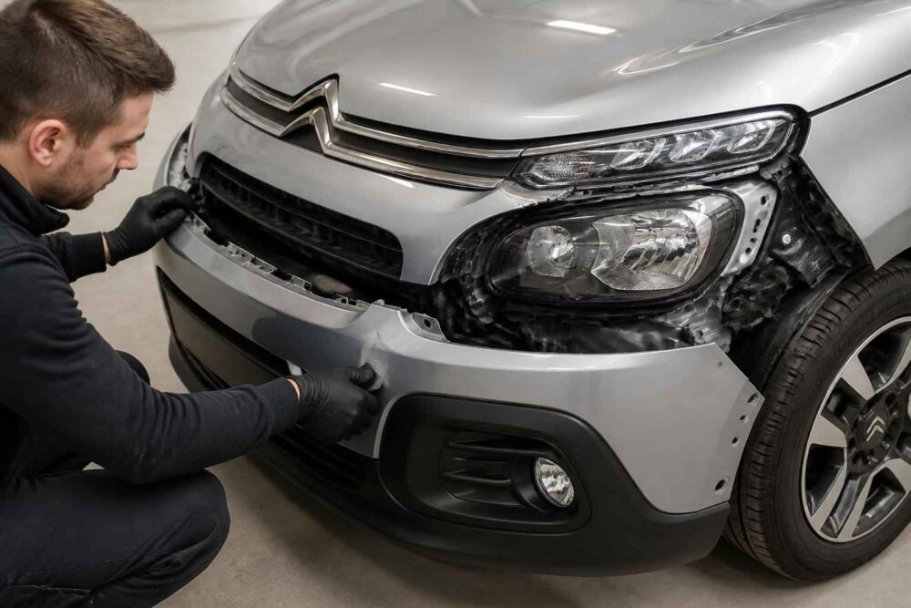 Mechanik w rękawicach montuje przedni zderzak srebrnego samochodu Citroën w warsztacie