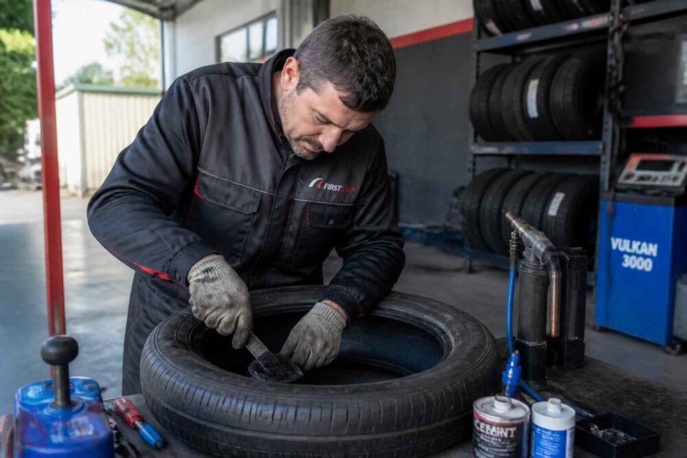 Mechanik w warsztacie naprawia oponę samochodową przy użyciu narzędzi wulkanizacyjnych