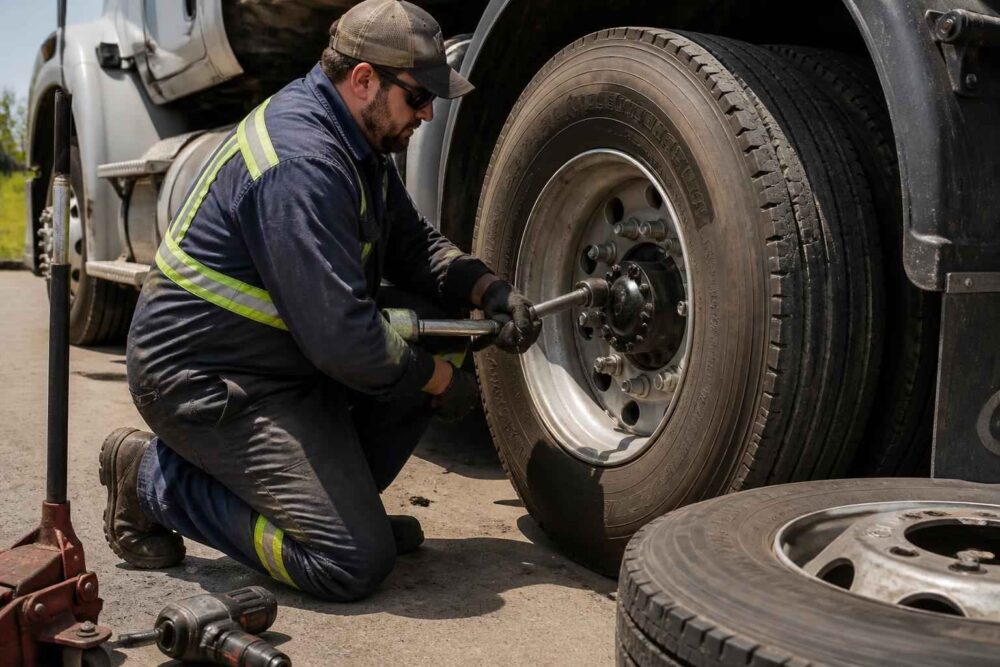 Mechanik w odzieży odblaskowej naprawia koło ciężarówki na poboczu drogi