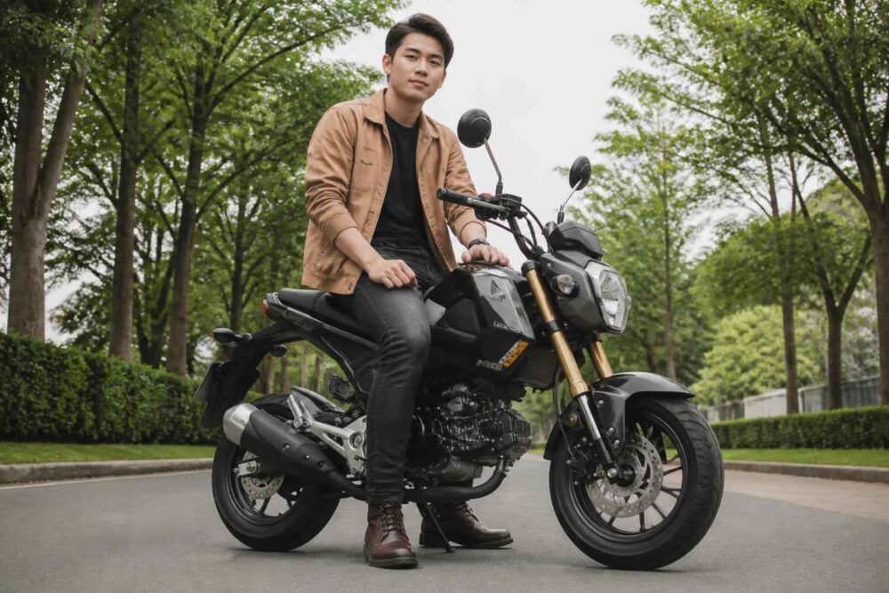 Młody mężczyzna siedzi na czarnym motocyklu na asfaltowej alei otoczonej drzewami