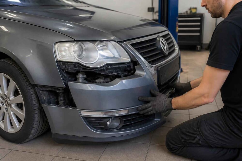 Mechanik montuje przedni zderzak w szarym Volkswagenie w warsztacie samochodowym