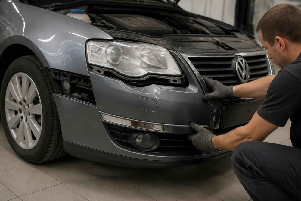 Mechanik dopasowuje element przedniego pasa szarego Volkswagena w warsztacie samochodowym