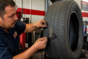 Mechanik naprawia uszkodzenie bieżnika dużej opony samochodowej przy użyciu narzędzia ręcznego