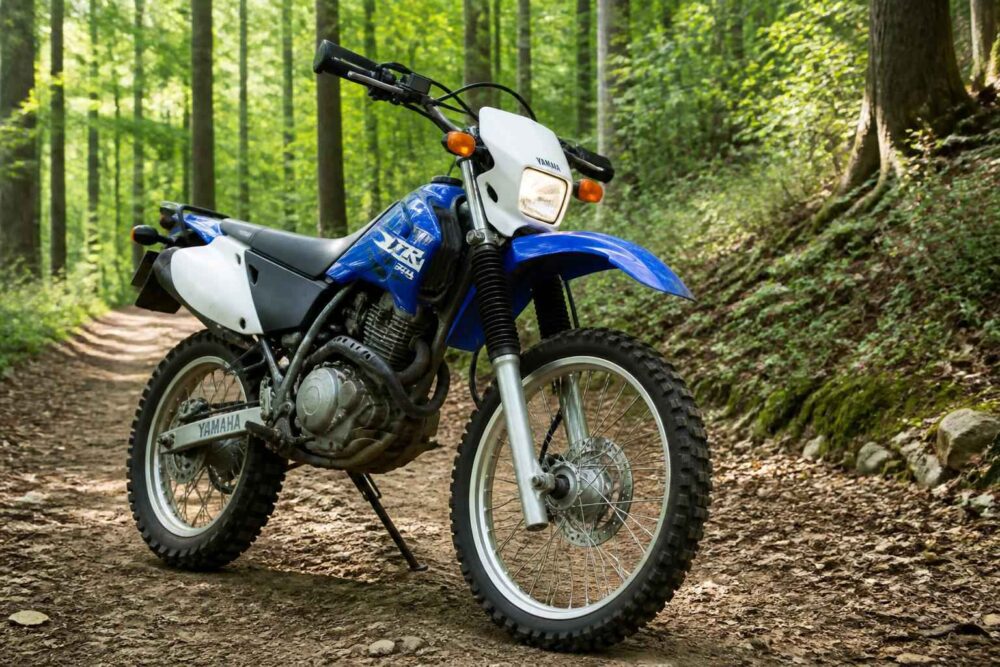 Niebieski motocykl Yamaha stojący na kamienistej ścieżce w zielonym lesie