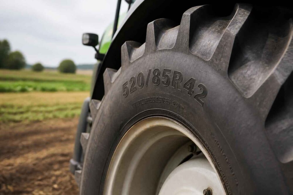 Zbliżenie dużej opony ciągnika z oznaczeniem 520/85 R42 na tle pola uprawnego