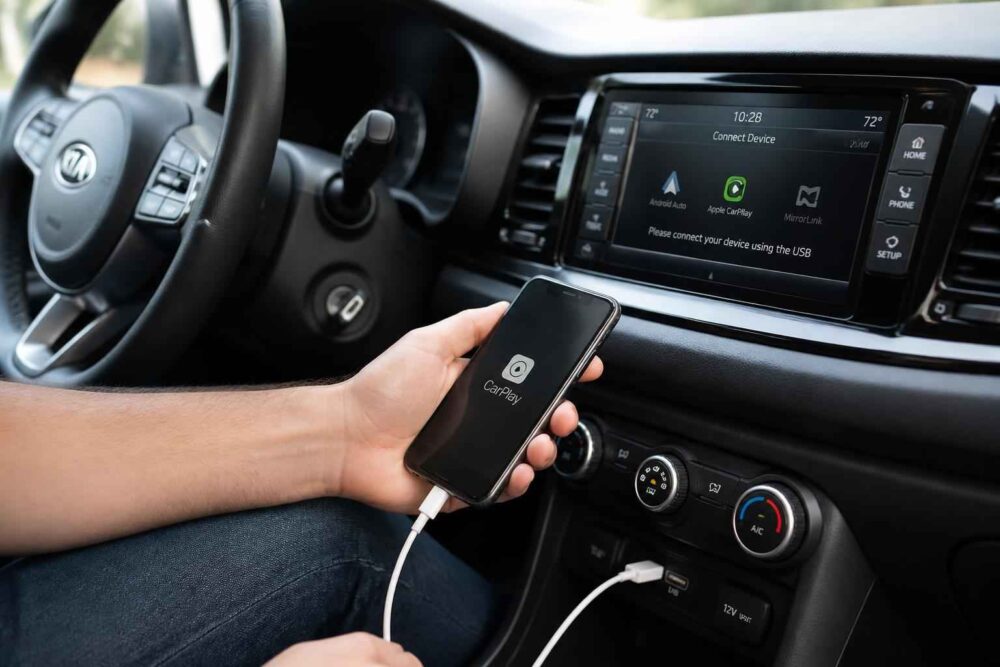 Dłoń podłącza smartfon do systemu multimedialnego w samochodzie Kia za pomocą kabla USB