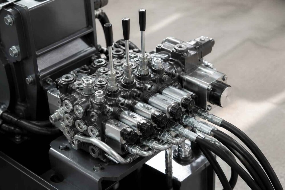 Metalowy rozdzielacz hydrauliczny z dźwigniami sterującymi i podłączonymi przewodami