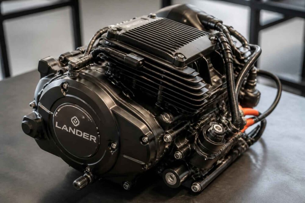 Czarny silnik motocyklowy Lander z widocznym cylindrem, przewodami i metalowymi elementami konstrukcji