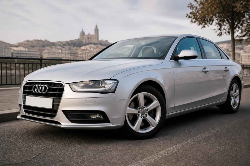 Srebrne Audi A4 zaparkowane przy nabrzeżu, z panoramą miasta w tle