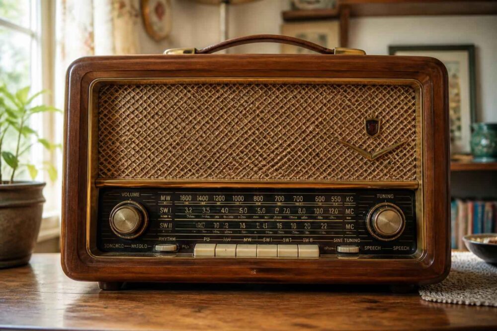 Zabytkowe radio lampowe z drewnianą obudową stojące na stole w jasnym wnętrzu