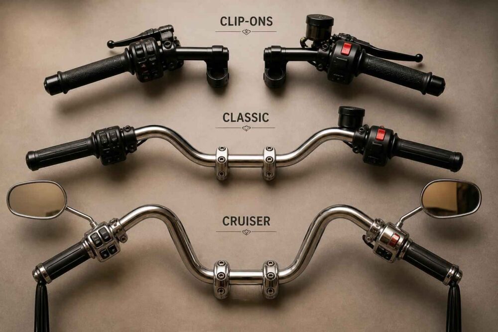 Zestaw kierownic motocyklowych clip-on, classic i cruiser Trzy typy kierownic motocyklowych ułożone obok siebie z oznaczeniami clip-ons, classic i cruiser